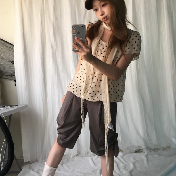 빈티지 아이보리 카킽브라운 도트 카프리 느좋 코디세트