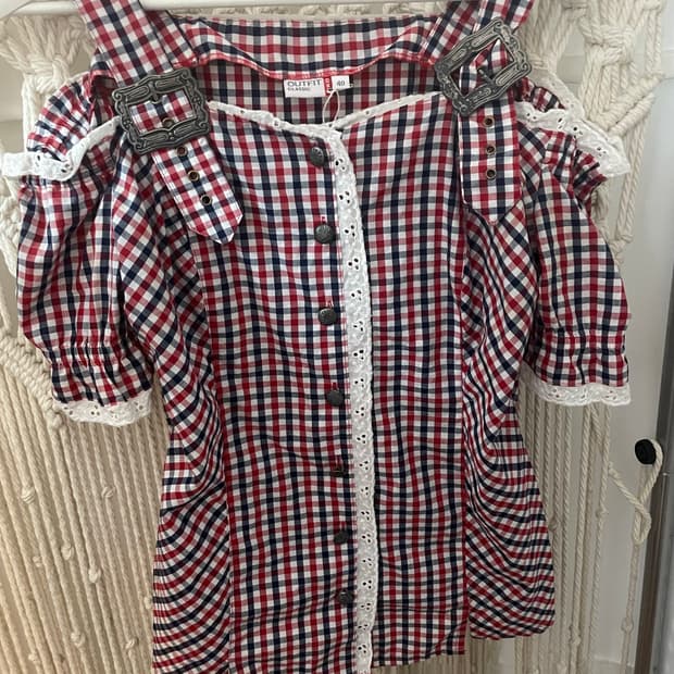 레그 체크 오프숄더 퍼프 블라우스