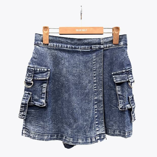 JPN VINTAGE 데님 숏 팬츠 랩 스커트 카고 뒷밴딩 진청 치마바지