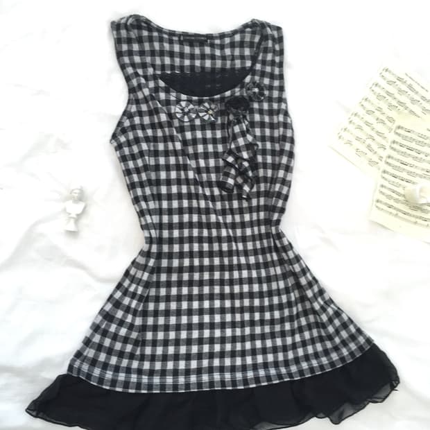 jpn vintage check frill lace onepiece