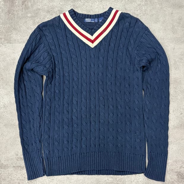 폴로 랄프로렌 네이비 꽈배기 V넥 니트