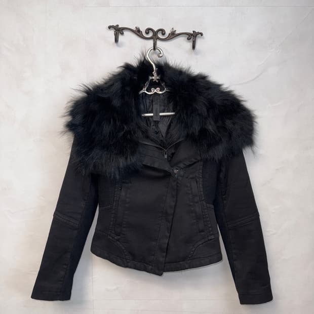 Black fox fur knit layered padded jacket