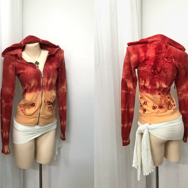 oriental red floral embroidery 후드집업