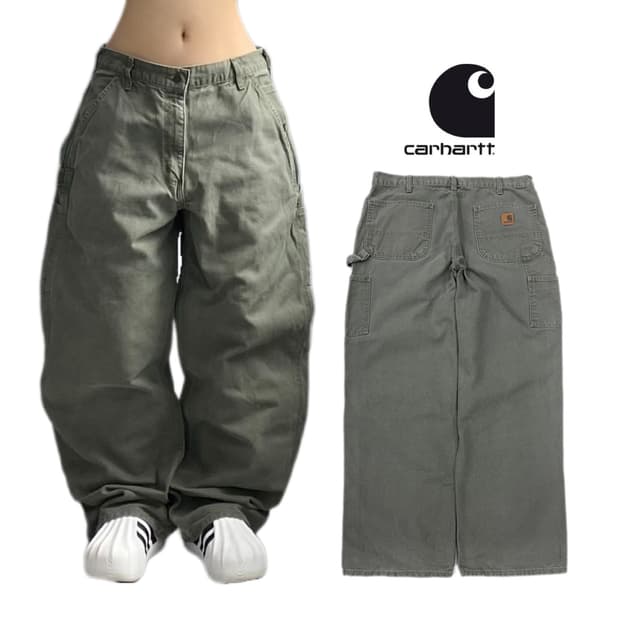 칼하트 OG 가죽패치 카펜터 모스그린 덕캔버스 와이드 워크팬츠