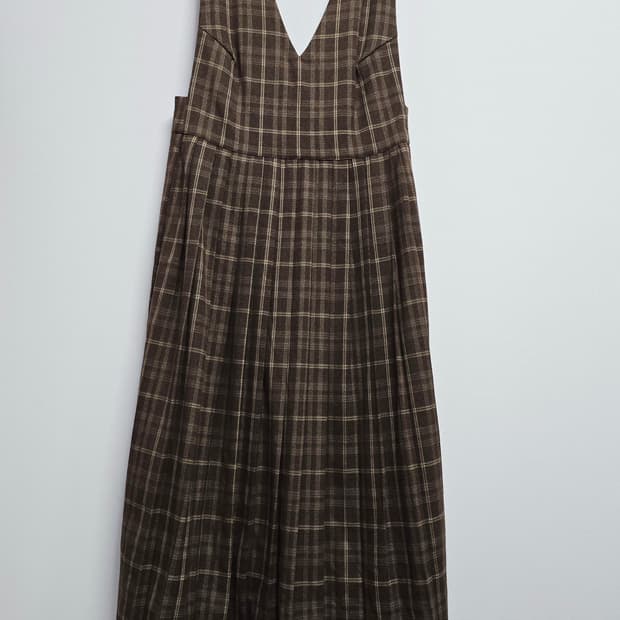 브라운 체크 뷔스티에 롱 원피스