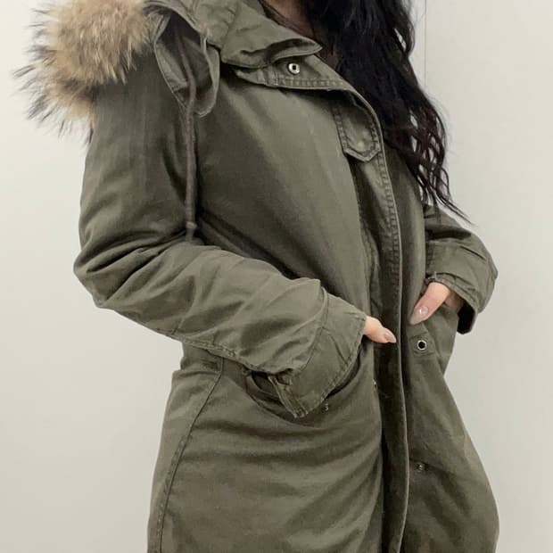  Khaki long hoodie fur fish tail jacket