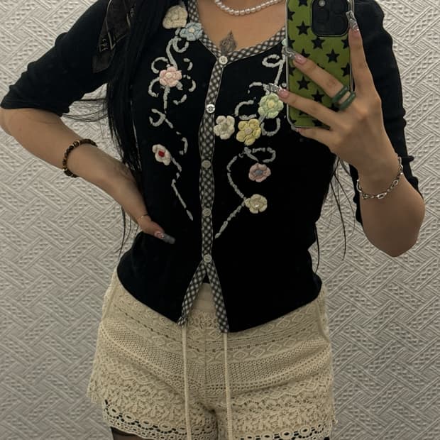 레트로 모리 키치 플라워 로제트 뜨개 자수 긴팔 가디건 K0365