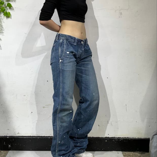 일본 빈티지 DMG 사이드 라인 페인팅 워싱 데님 팬츠 청바지 M