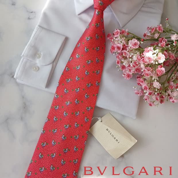불가리 실크 레드 닭 모티브 넥타이 9.9cm 새상품 A19054
