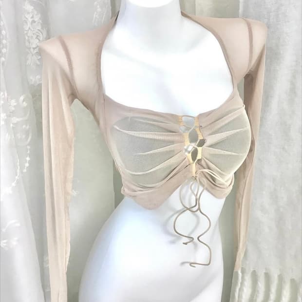 빈티지 베이지 셔링 시스루 크롭 롱슬리브