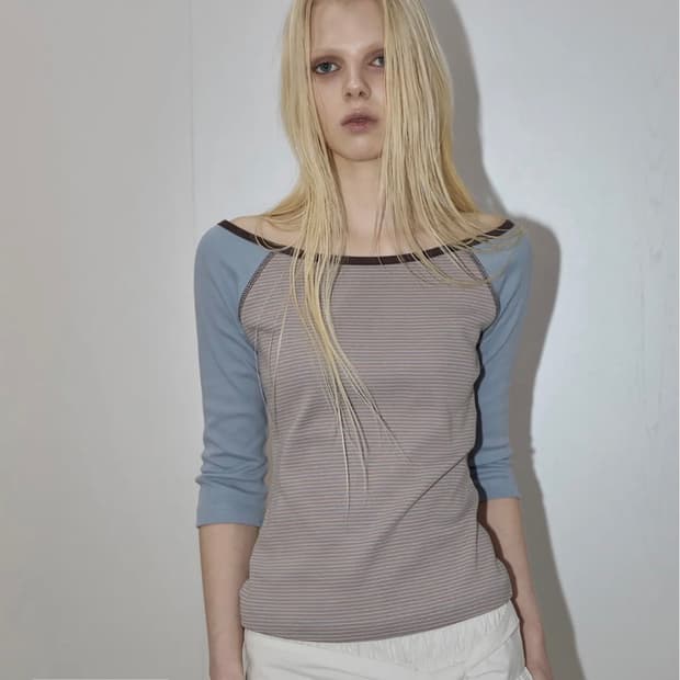 렌세 Stripe Raglan Stitch Tee Blue