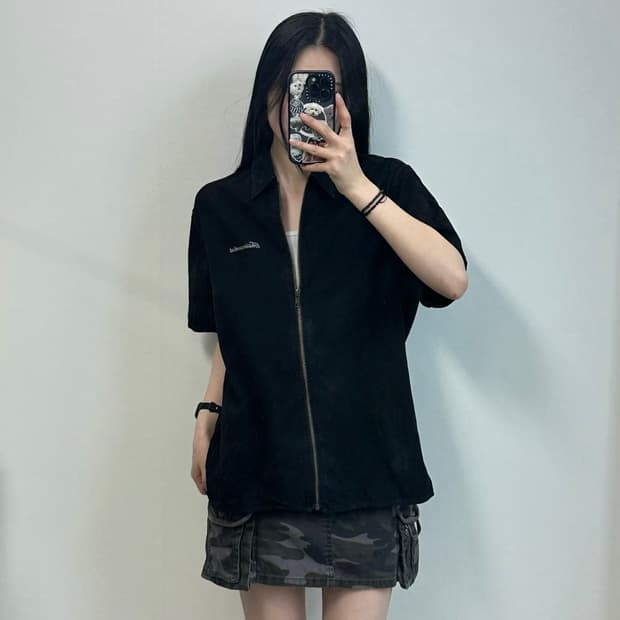 디스이즈네버댓 자수로고 블랙 반팔 셔츠 자켓