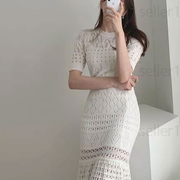 펀칭니트 반팔 롱원피스 55 66 아이보리