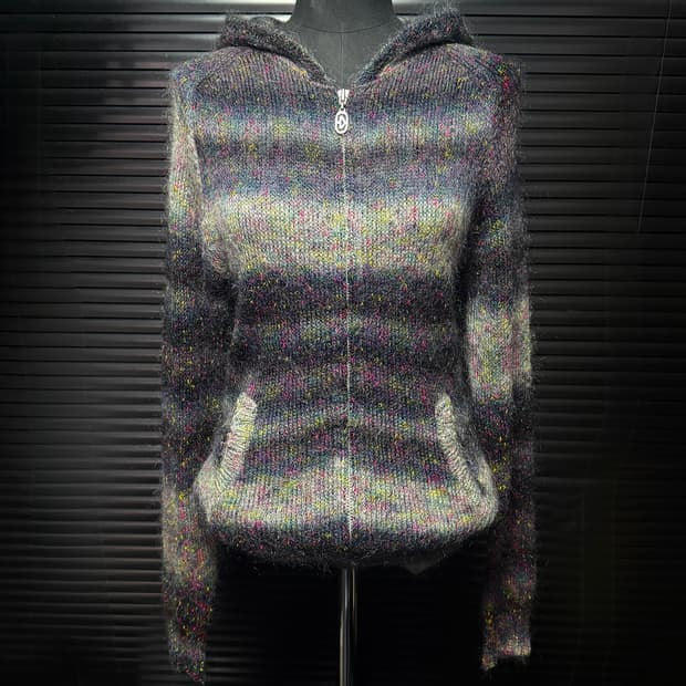 캐서린 햄넷 런던 보카시 모헤어 나일론 스트라이프 일본 후드 니트 집업