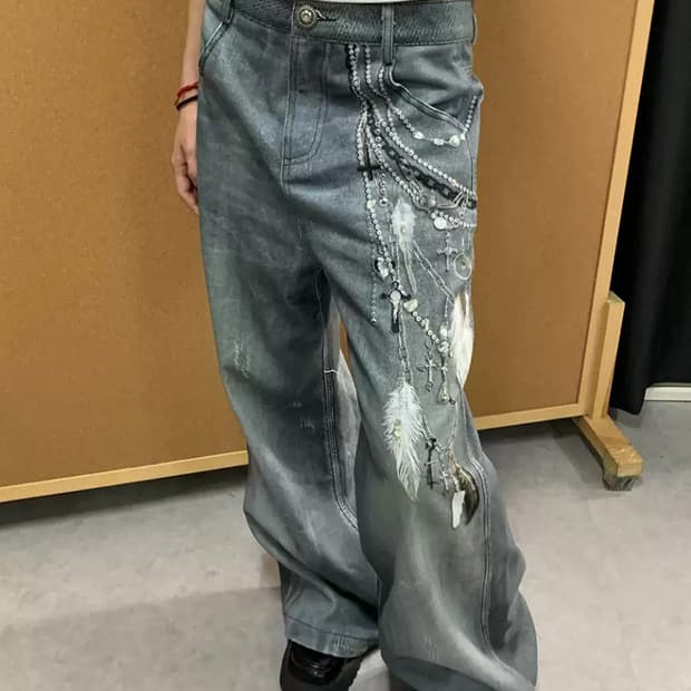 FayChui 데님 레트로 3D 진주 체인 프린팅 와이드