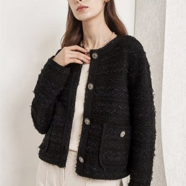 마인 로고 버튼 글리터링 니트 가디건