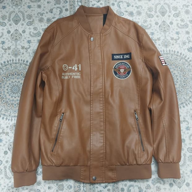 브라운 페이크 레더 봄버 자켓 패치 자켓 3XL