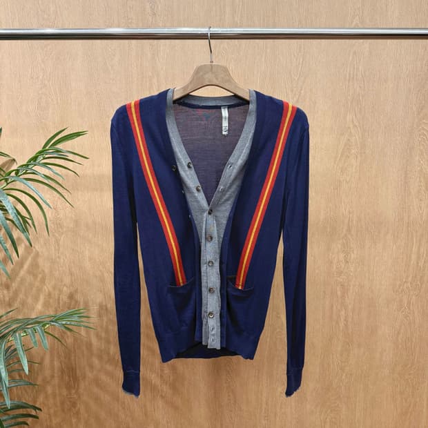 디스퀘어드2 컬러 스트라이프 배색 레이어드 브이넥 버튼 가디건 네이비