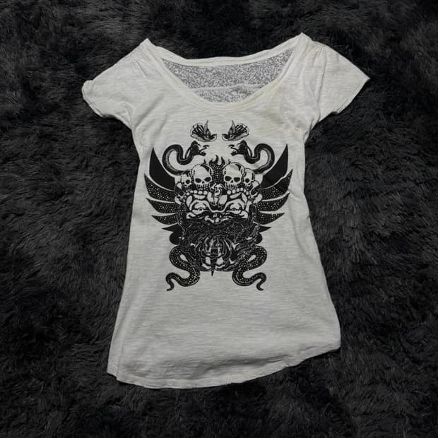 해골&뱀 등판 시스루 실버 레터링 Y2K 반팔