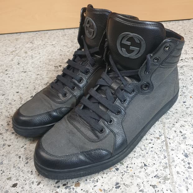 구찌 하이탑 CG 로고 레더 컨버스 자카드 차콜 스니커즈 페이크밍크