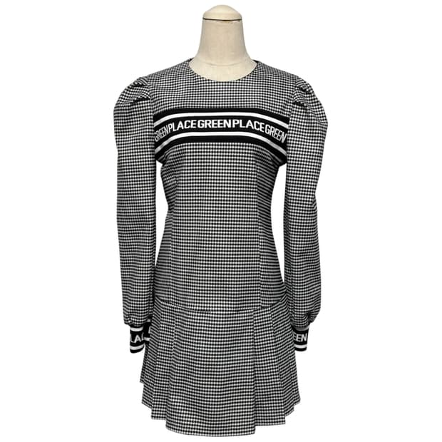 3801 블랙 체크 퍼프 플리츠 미니원피스