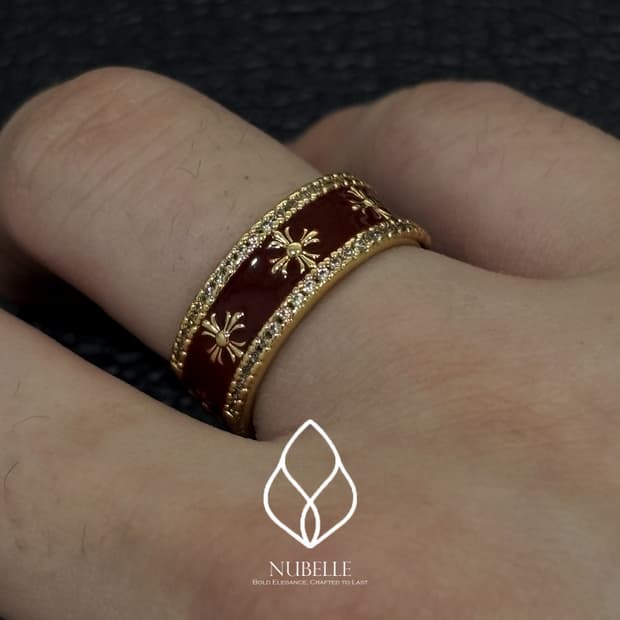 🌗Antique cross ring / 앤틱 골드 버건디 크로스 반지