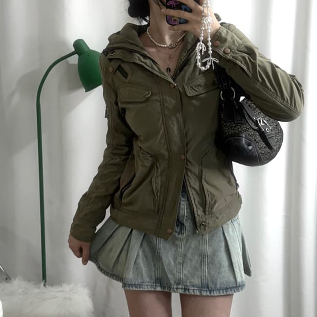 카키 사이드 골지 투 포켓 Y2K 자켓