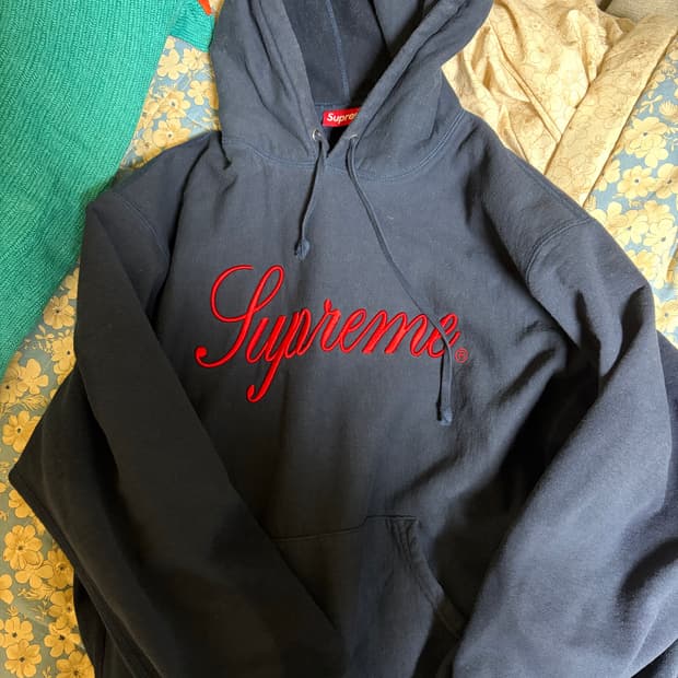 슈프림 자수 스크립트 후드 네이비L