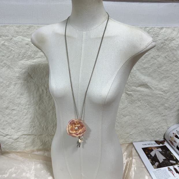 빈티지 망사 플라워 진주 리본 새 쿠바체인 목걸이