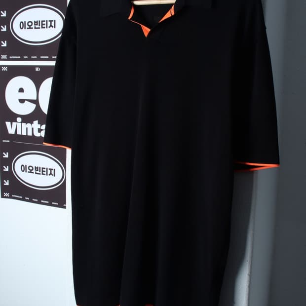 (XL-2XL) 반팔 카라 티셔츠 브이넥 니트 블랙 놈코어-H36503