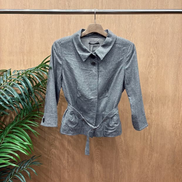 휴고 보스 카라넥 긴팔 자켓 투버튼 허리 원 턱 벨트 디테일 그레이