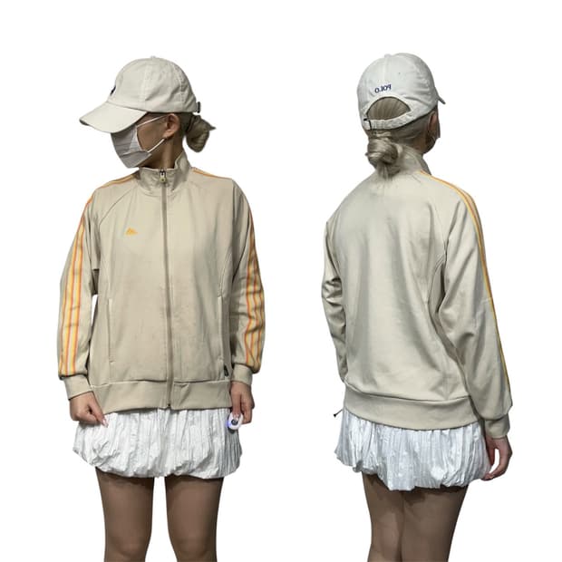 아디다스 베이지 옐로우 삼선 오버핏 스몰 로고 트랙탑 져지 M