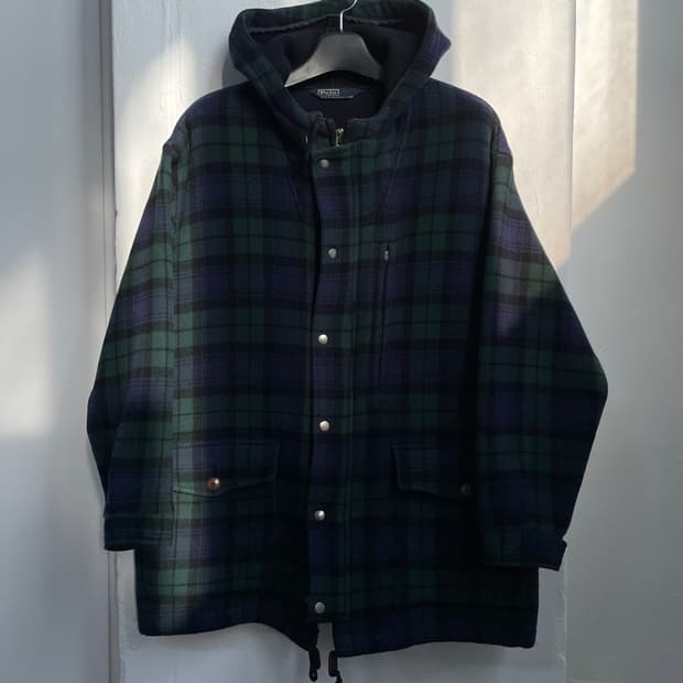 90s 폴로 랄프로렌 블랙와치 후드 울 코트 