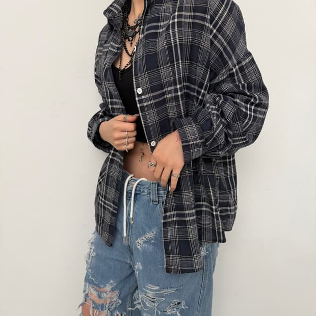 블랙 체크 루즈 셔츠 