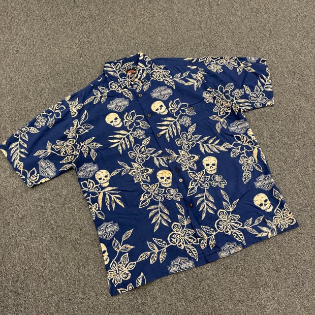 M)할리데이비슨 빈티지 스컬 프린팅 하와이안 반팔 셔츠