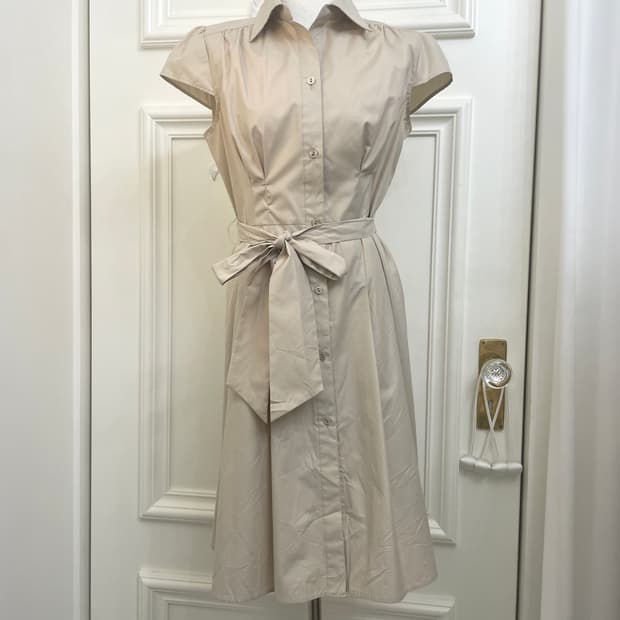 beige shirring pleats french sleeve belt