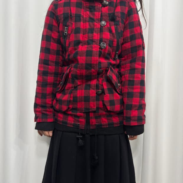 now here red check fur hood jacket