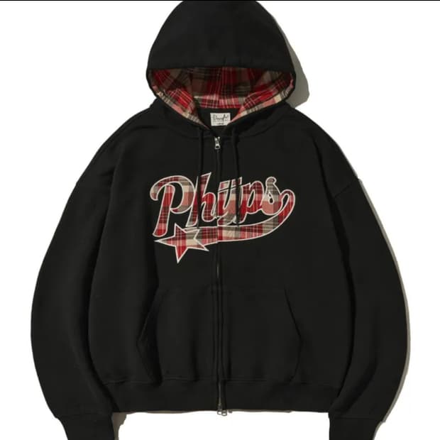 체크 스타테일 엘보우 패치 후드집업_블랙