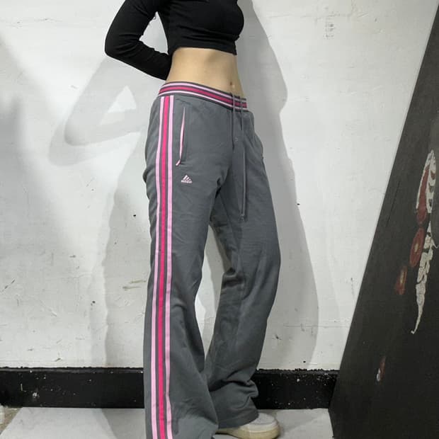 아디다스 대대장 부츠컷 와이드 그레이 핑크 추리닝 바지 트래이닝 팬츠 L