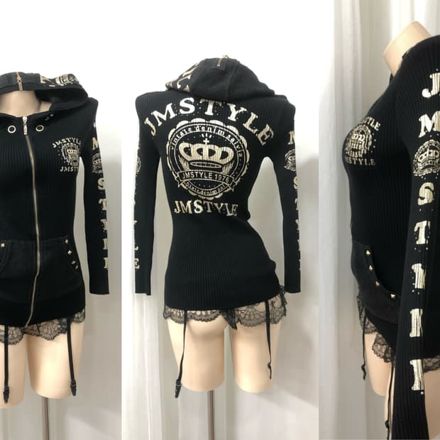 JM style gold logo stud punk hood zip up