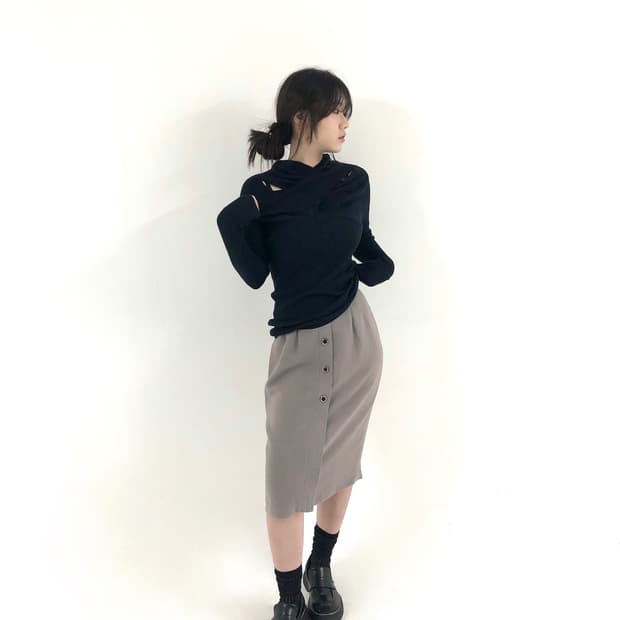 4 Button Mocha Beige Midi Skirt