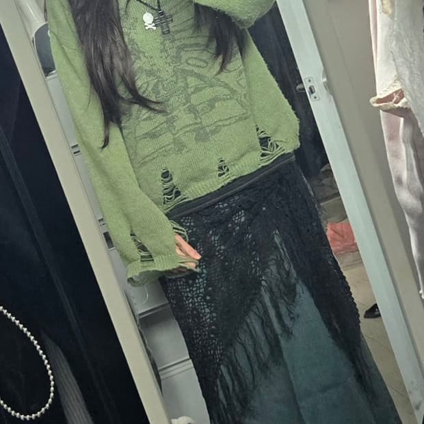 와투케 펑크 데님스커트+데미지니트 셋트