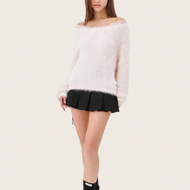 클리시어 블러시 니트 Blush lace off- shoulder 핑크