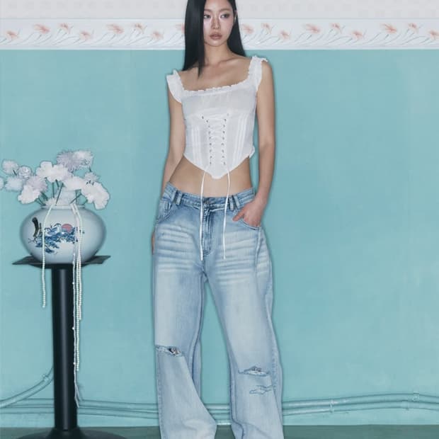 플리즈노팔로우 25 데미지 워싱 와이드 데님 바지 아이스블루 S