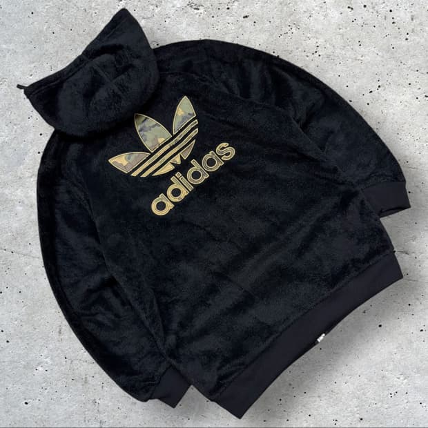 [110] 아디다스 블랙 털 후리스 후드티 카모 로고 C402