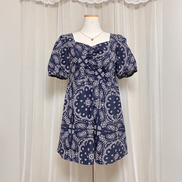 (새상품) 쥬시쥬디 네이비 면 코튼 스퀘어넥 페이즐리 셔링 미니 원피스