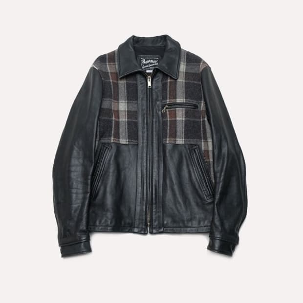 40s wool plaid combi cowhide jacket