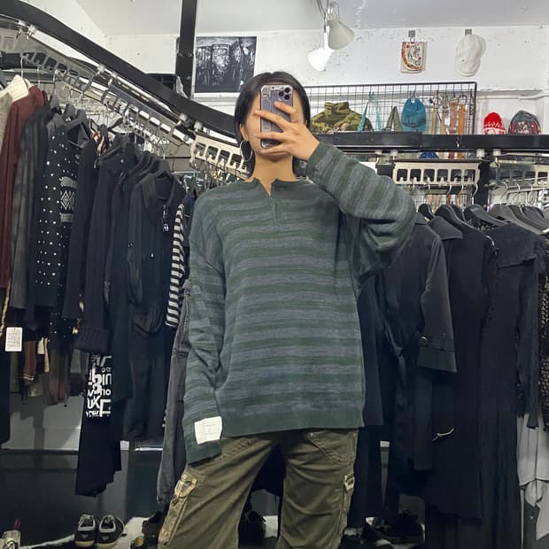 Japanese vtg 그린 스트라이프 헨리넥 니트