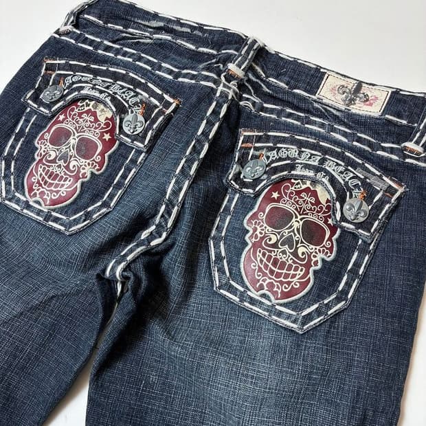 라구나비치00'sY2K 펑크데드스탁 스컬스티치 자수 데님팬츠 PN8832