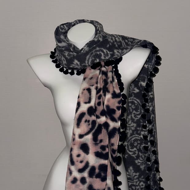 빈티지 핑크 갸루 호피 태슬 반반무늬 머플러